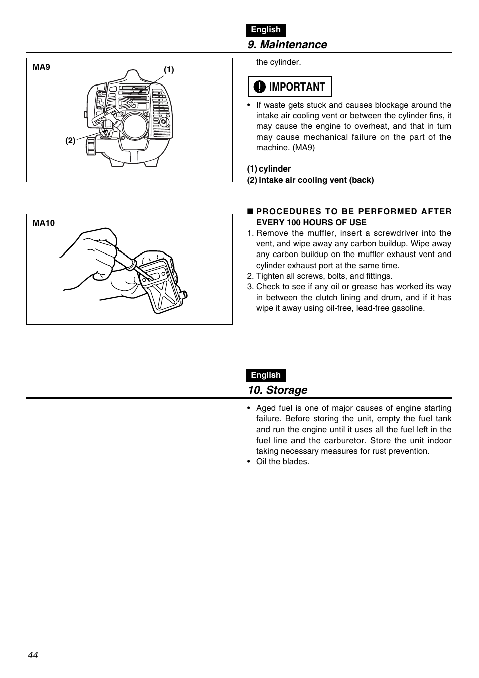Maintenance, Important, Storage | RedMax SGCZ2401S User Manual | Page 44 / 60