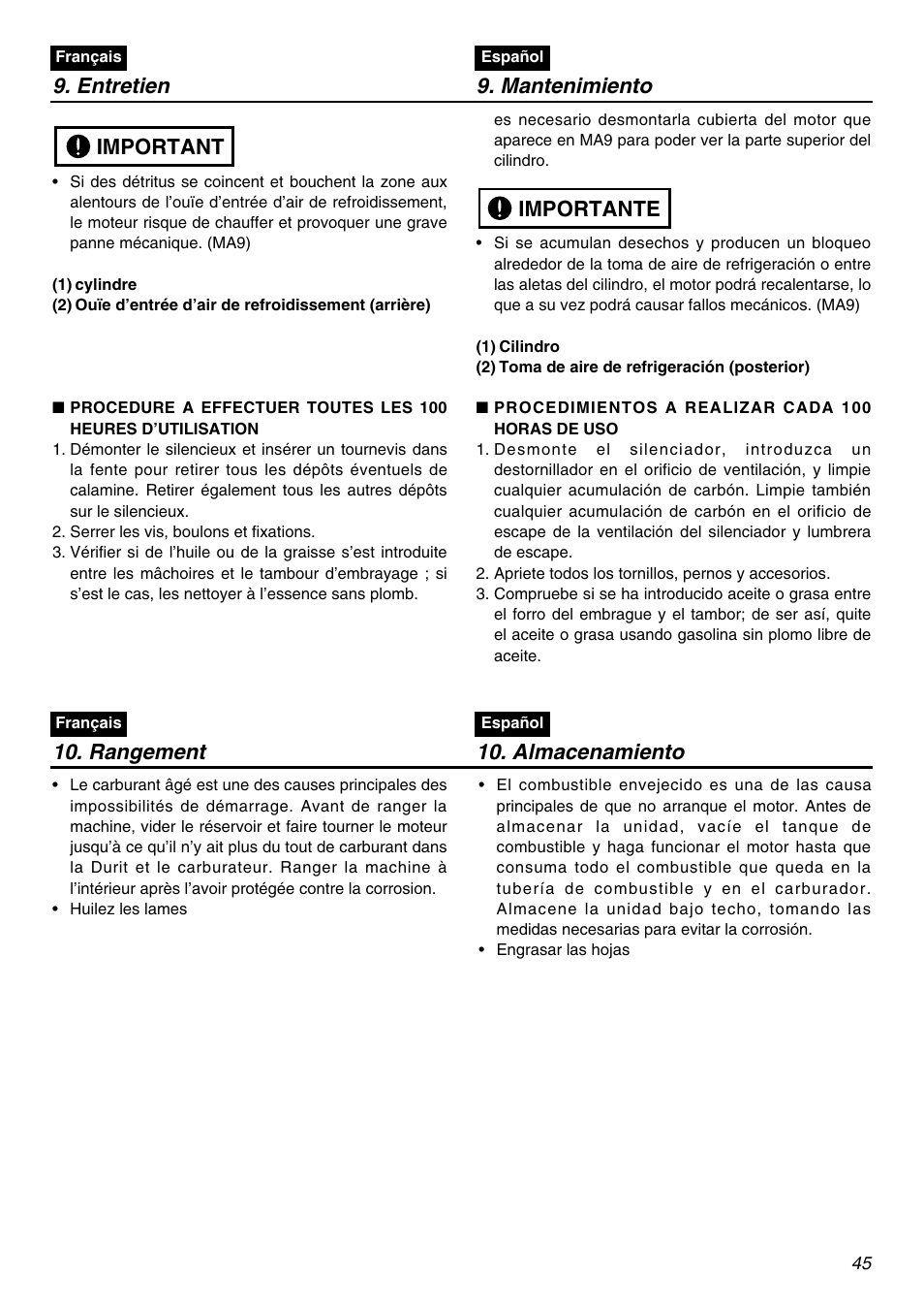 Entretien 9. mantenimiento, Important, Importante | Rangement 10. almacenamiento | RedMax SGCZ2401S User Manual | Page 45 / 60