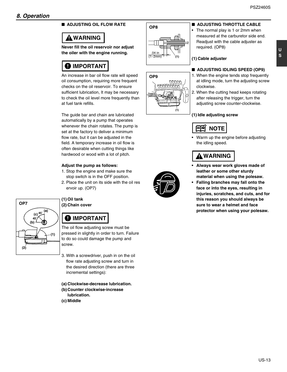 Important, Important warning 8. operation | RedMax PSZ2460S User Manual | Page 14 / 20