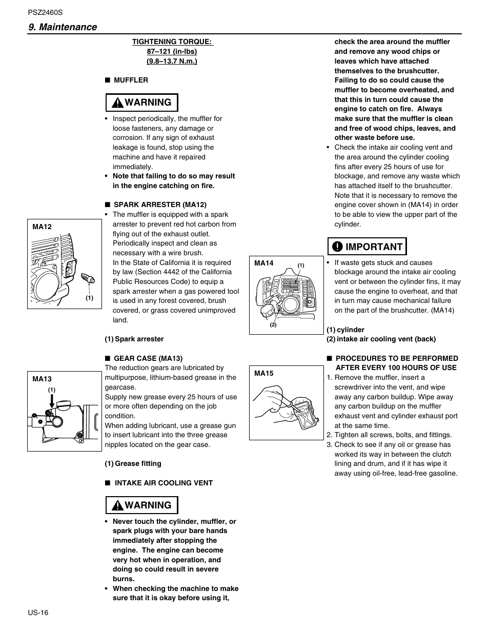 Maintenance, Warning, Important | RedMax PSZ2460S User Manual | Page 17 / 20