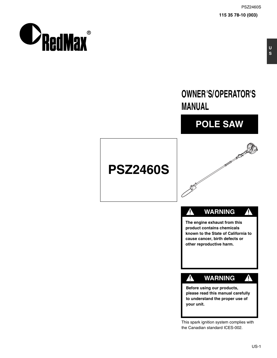 Psz2460s, Owner's/operator's manual, Pole saw | RedMax PSZ2460S User Manual | Page 2 / 20