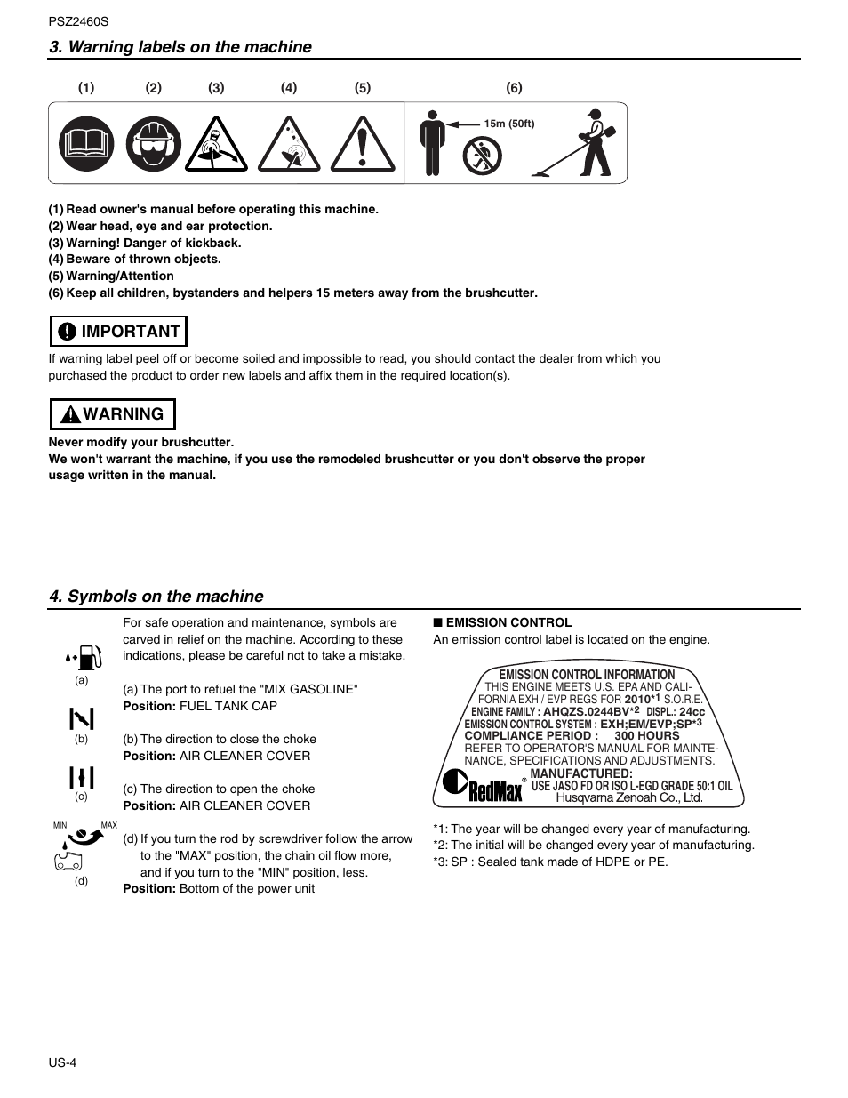 Warning labels on the machine, Symbols on the machine, Warning important | RedMax PSZ2460S User Manual | Page 5 / 20