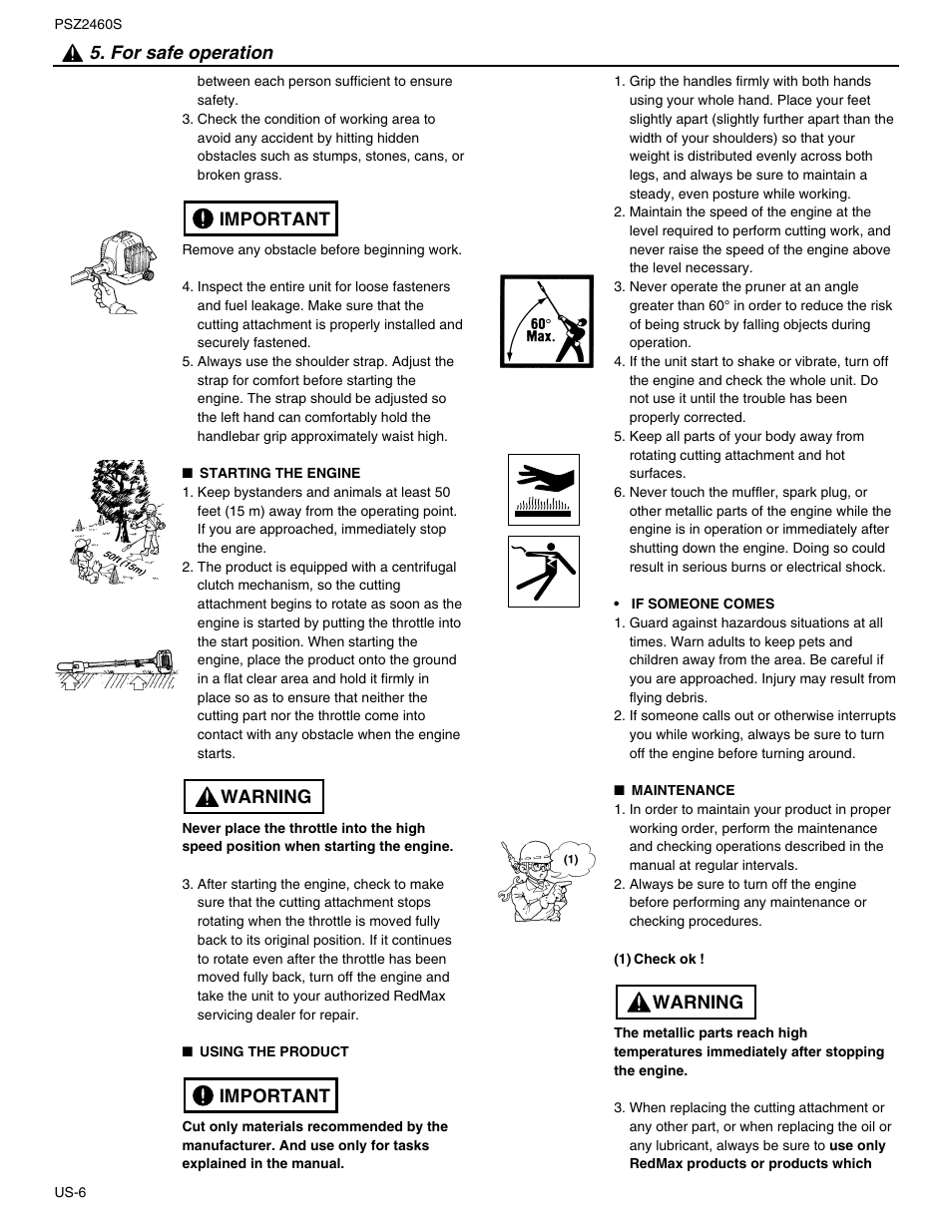 Important warning important 5. for safe operation, Warning | RedMax PSZ2460S User Manual | Page 7 / 20