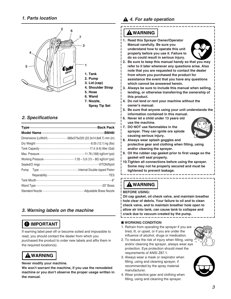 Parts location 3. warning labels on the machine, Warning important 2. specifications, Warning | For safe operation | RedMax BACKPACK BM461 User Manual | Page 3 / 12