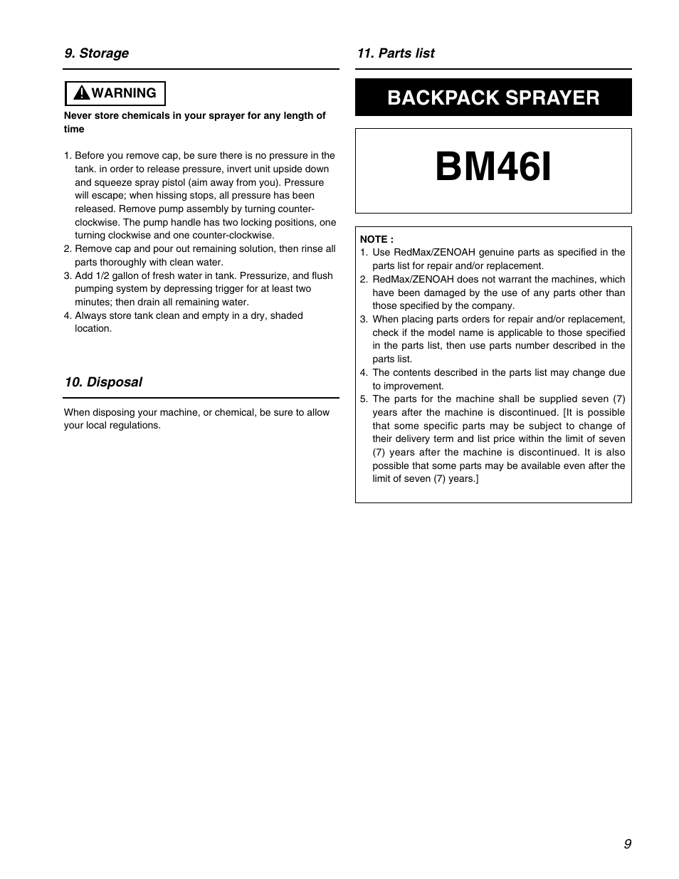 Bm46i, Backpack sprayer | RedMax BACKPACK BM461 User Manual | Page 9 / 12