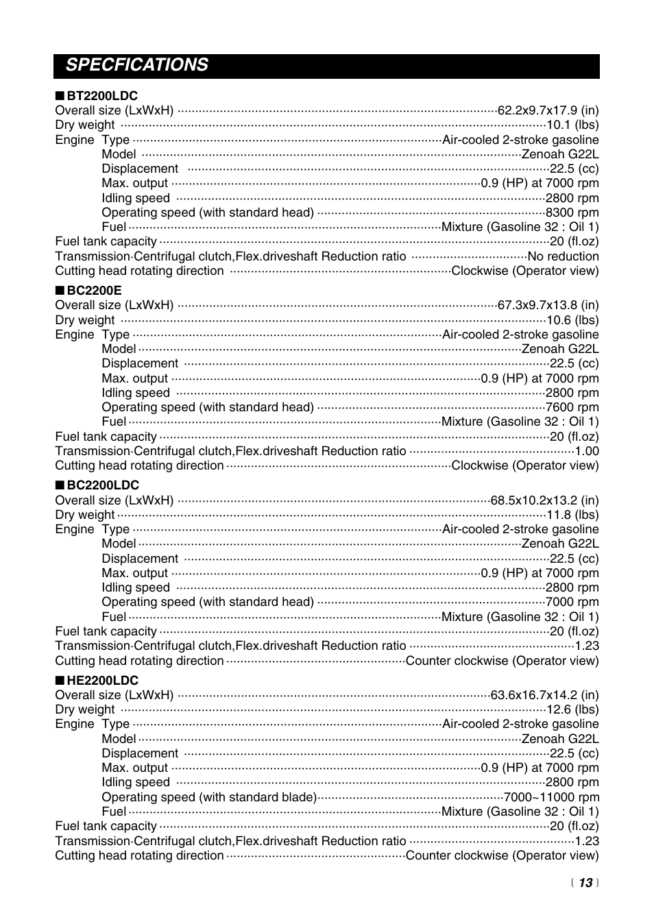 Specfications | RedMax BT2200LDC User Manual | Page 15 / 24