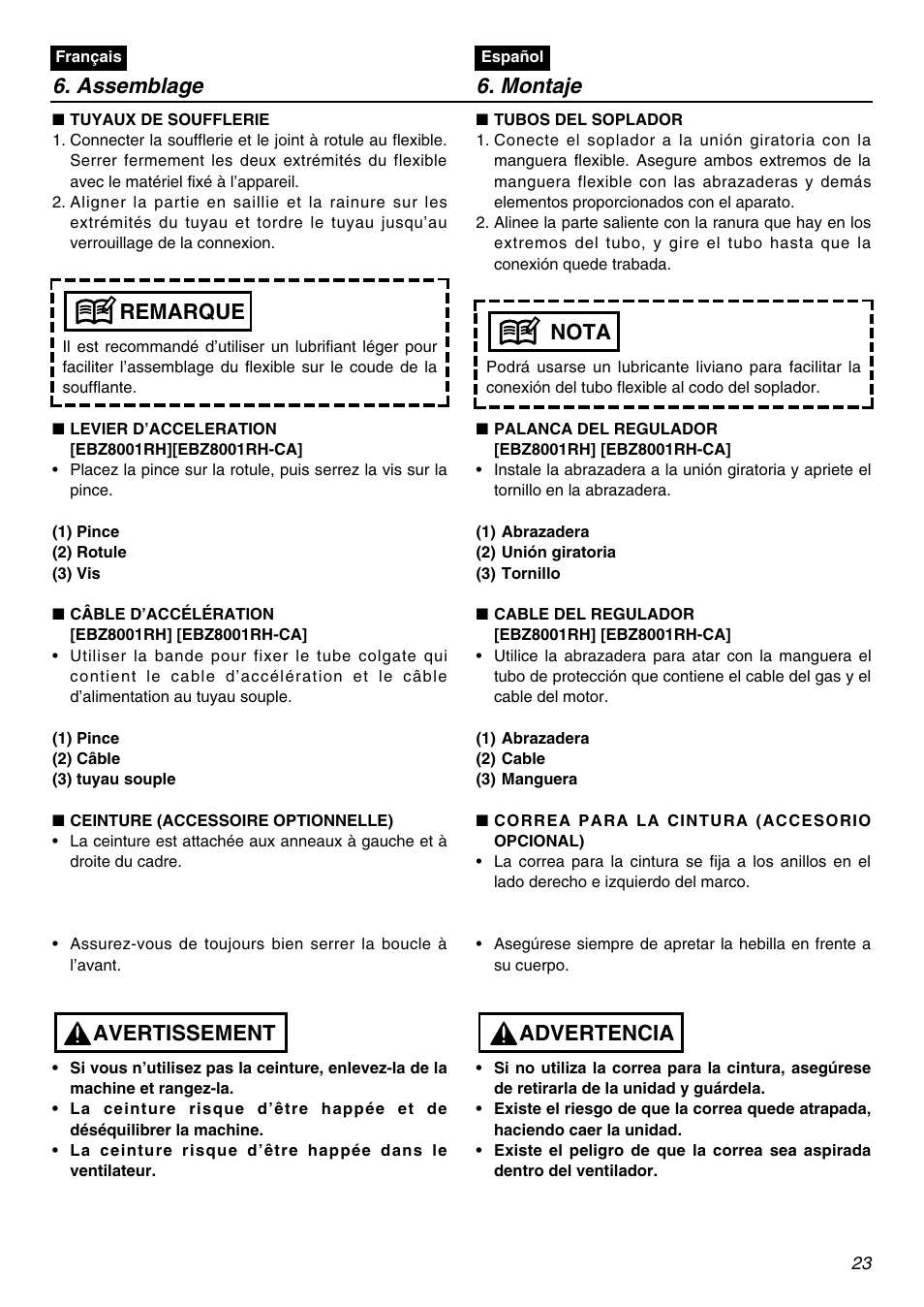 Assemblage 6. montaje, Avertissement remarque, Advertencia nota | RedMax EBZ8001RH-CA User Manual | Page 23 / 60