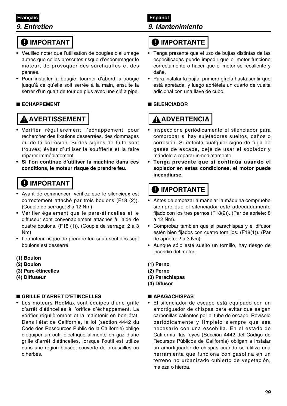 Entretien 9. mantenimiento, Important avertissement important, Importante advertencia importante | RedMax EBZ8001RH-CA User Manual | Page 39 / 60