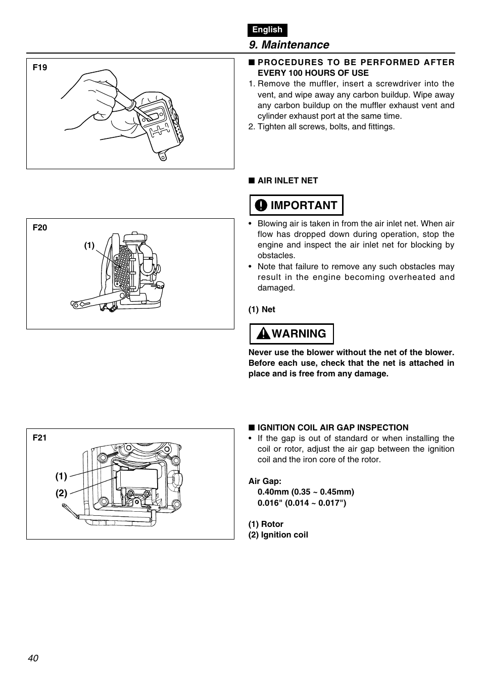 Maintenance, Warning important | RedMax EBZ8001RH-CA User Manual | Page 40 / 60