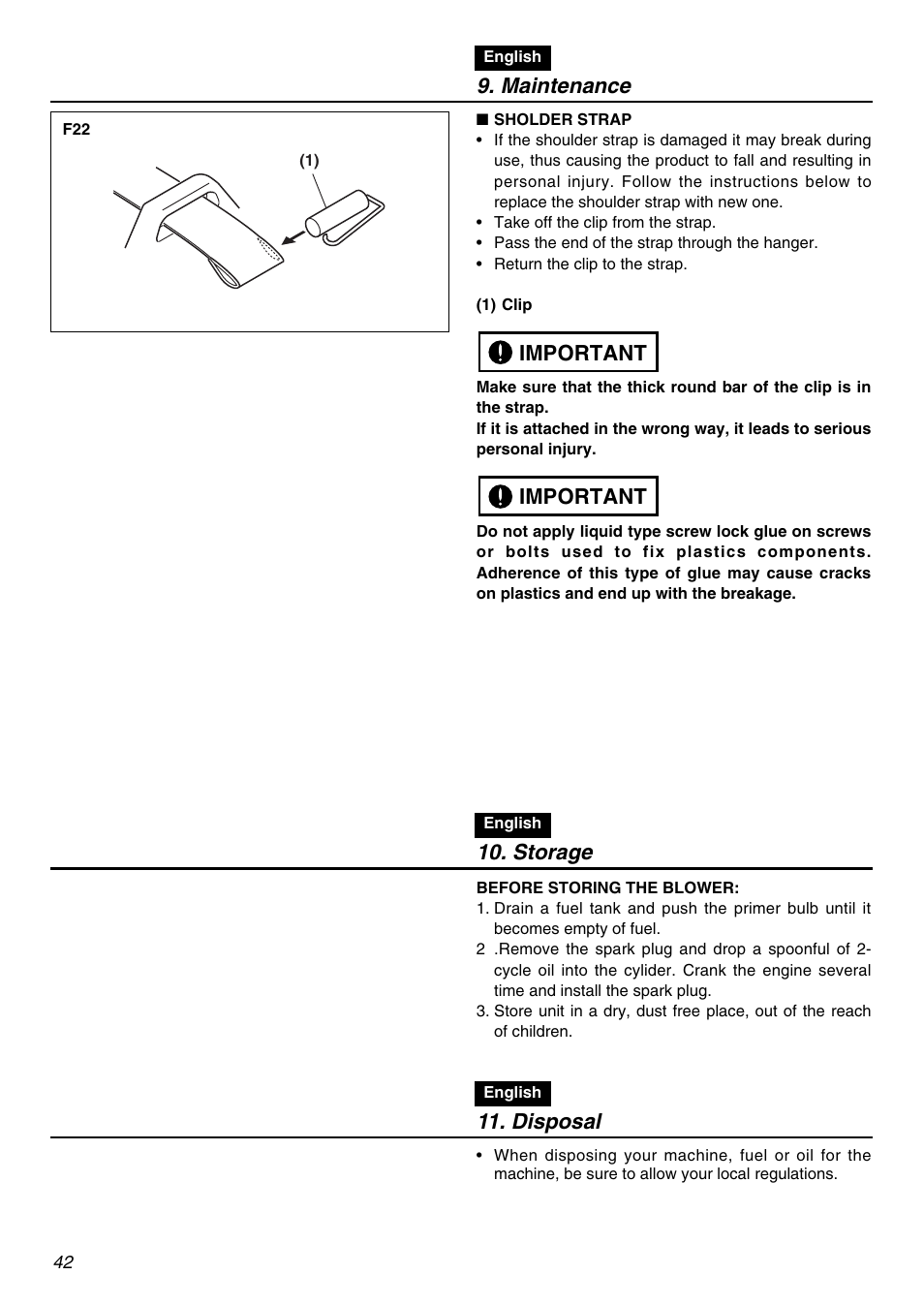 Maintenance, Important, Storage | Disposal | RedMax EBZ8001RH-CA User Manual | Page 42 / 60