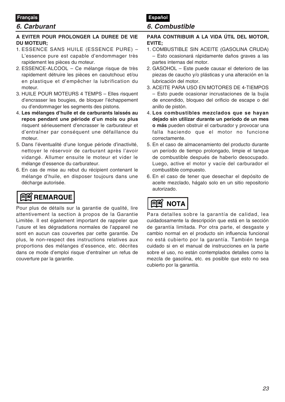 Remarque, Nota 6. carburant 6. combustible | RedMax CHTZ2401L User Manual | Page 23 / 56