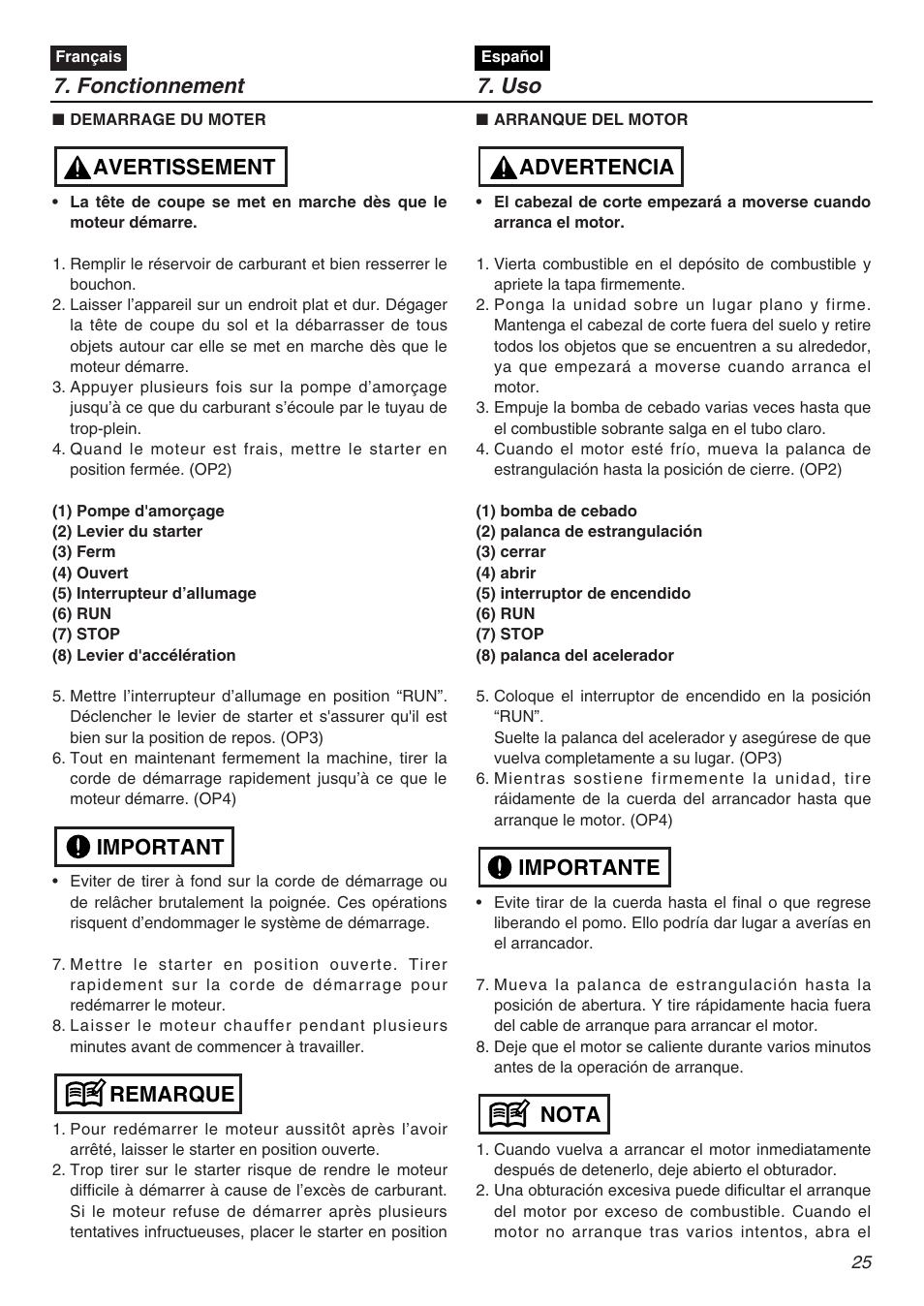 Fonctionnement 7. uso, Remarque important avertissement, Nota importante advertencia | RedMax CHTZ2401L User Manual | Page 25 / 56