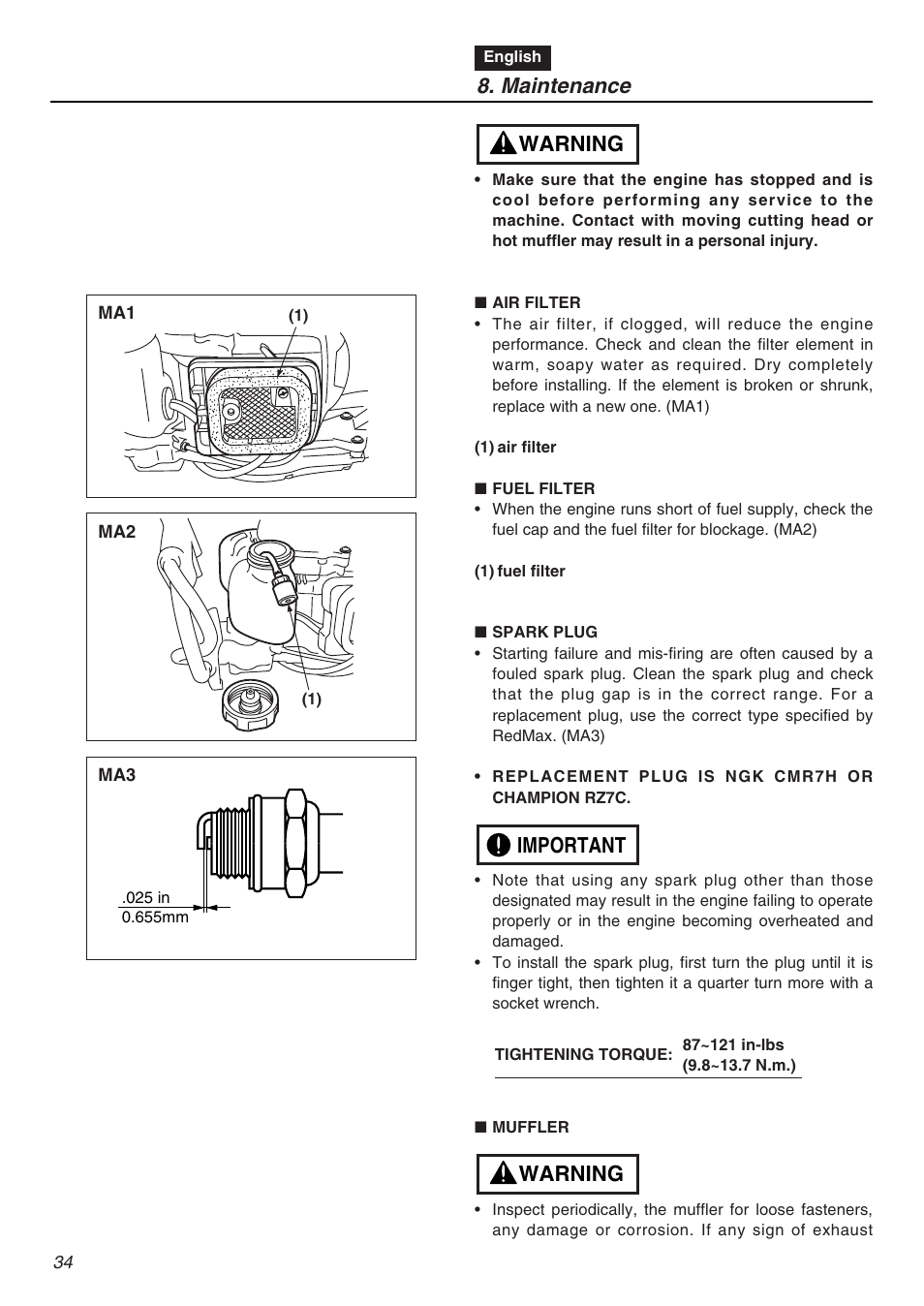 Maintenance, Warning important warning | RedMax CHTZ2401L User Manual | Page 34 / 56