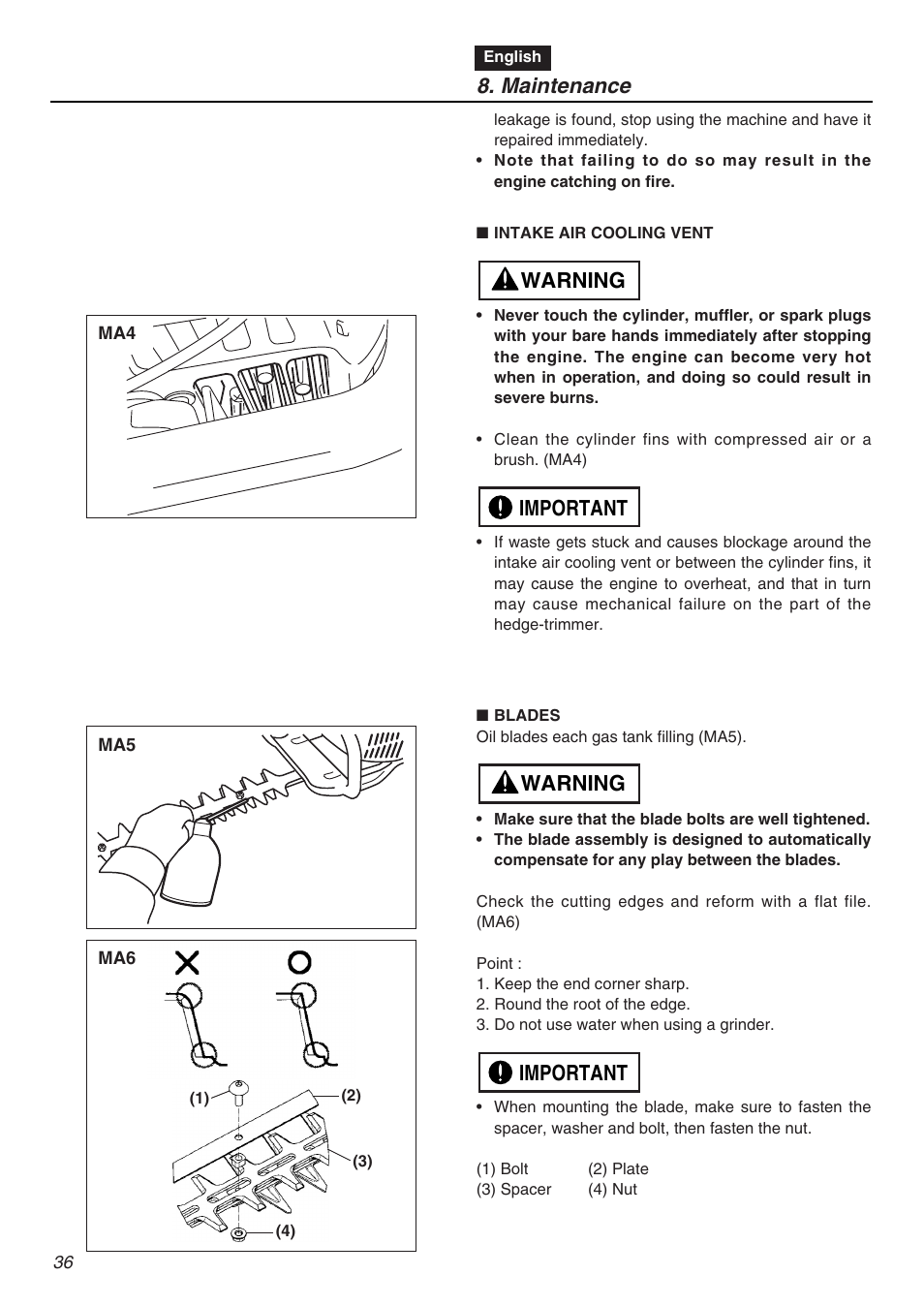 Maintenance, Important warning important warning | RedMax CHTZ2401L User Manual | Page 36 / 56