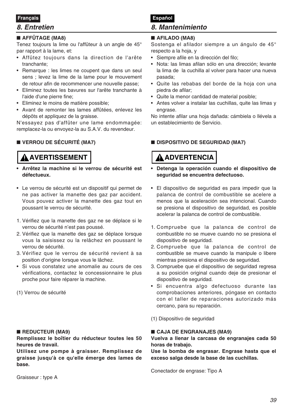 Entretien 8. mantenimiento, Avertissement, Advertencia | RedMax CHTZ2401L User Manual | Page 39 / 56