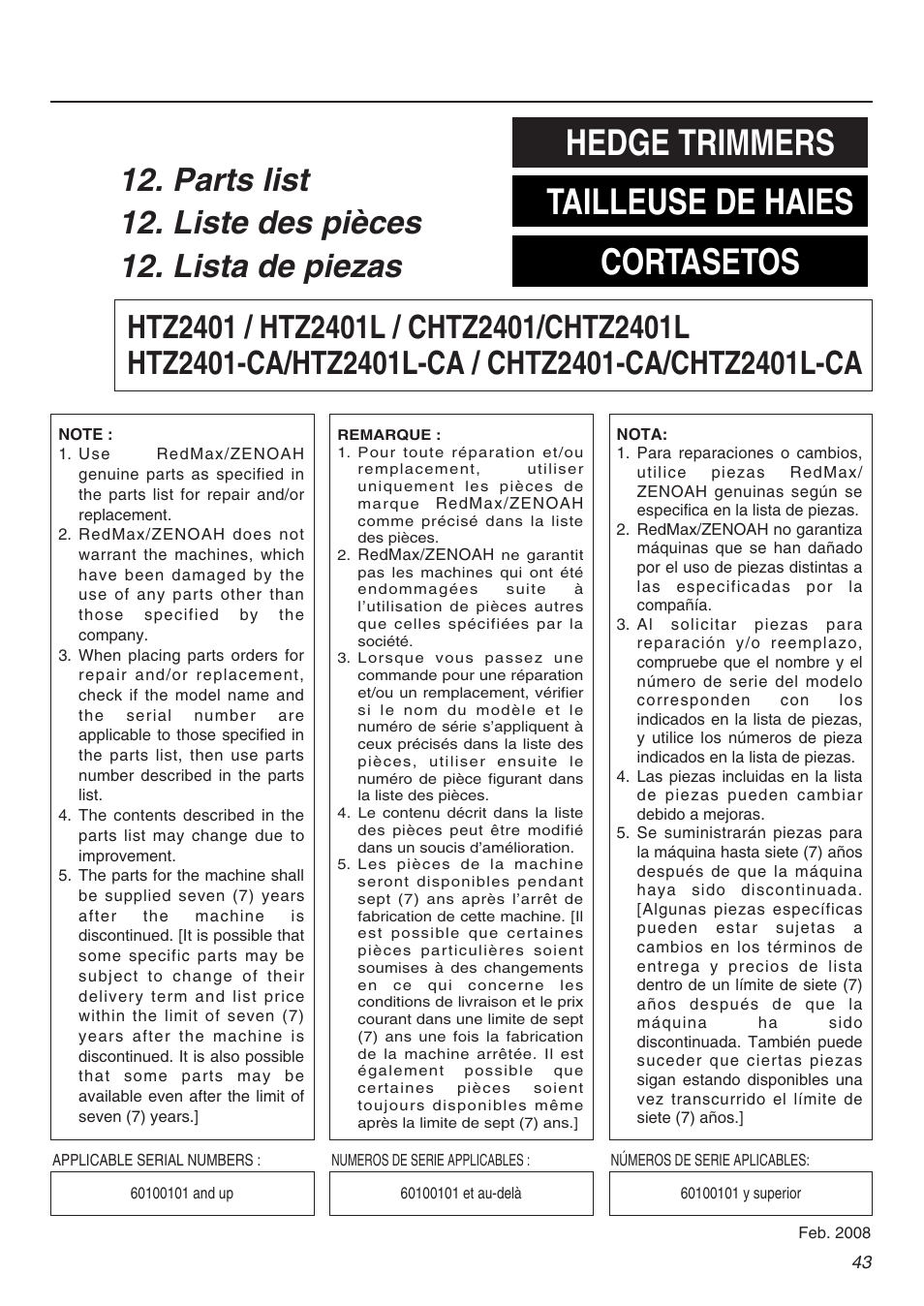 Hedge trimmers tailleuse de haies cortasetos | RedMax CHTZ2401L User Manual | Page 43 / 56