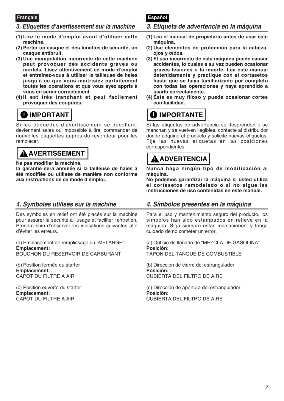 Avertissement important, Advertencia importante | RedMax CHTZ2401L User Manual | Page 7 / 56