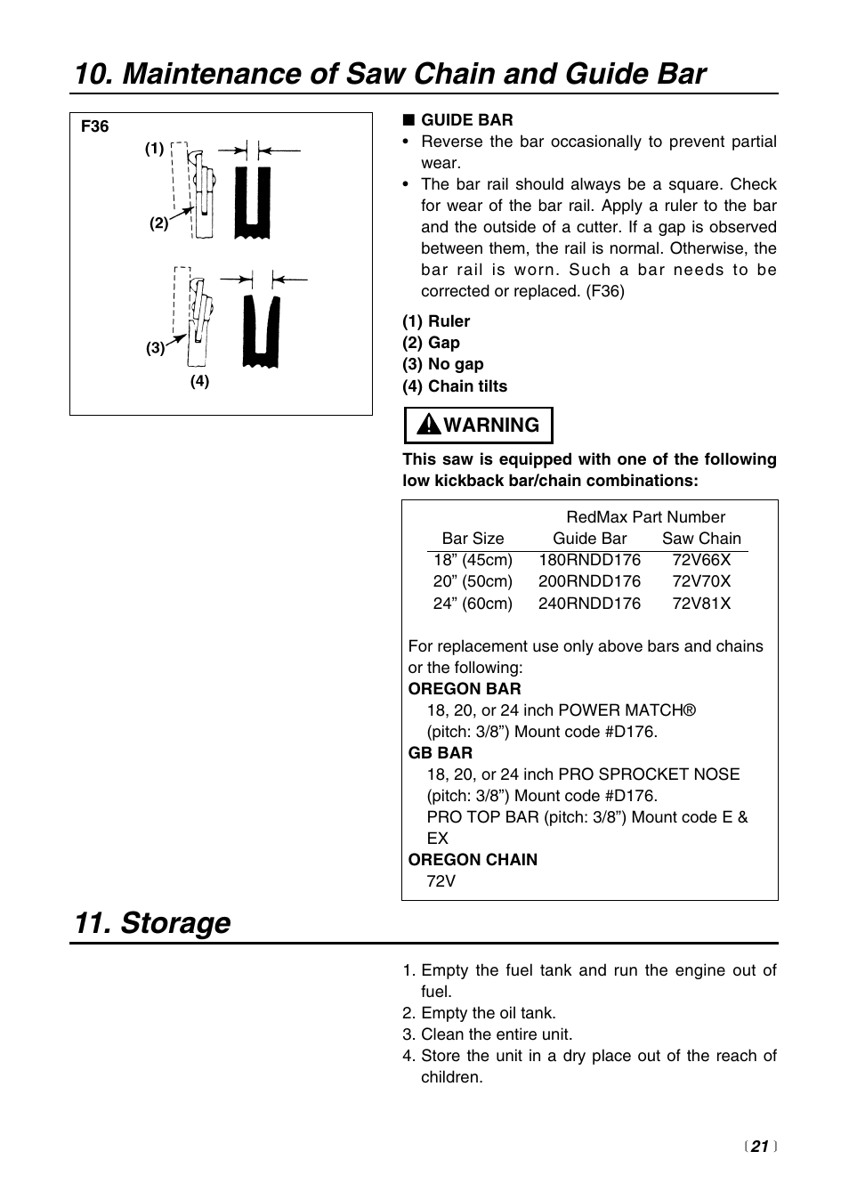 Maintenance of saw chain and guide bar, Storage | RedMax G621AVS User Manual | Page 21 / 32