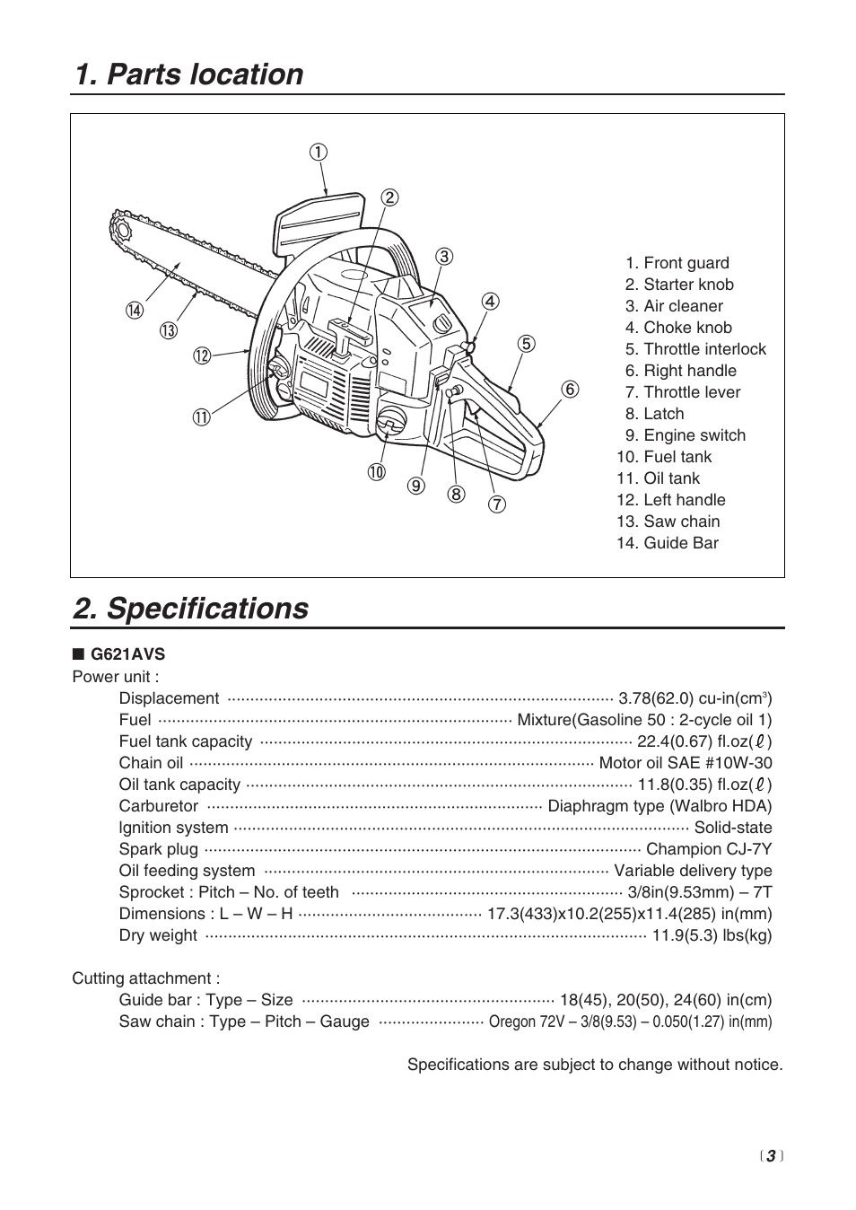 Specifications, Parts location | RedMax G621AVS User Manual | Page 3 / 32