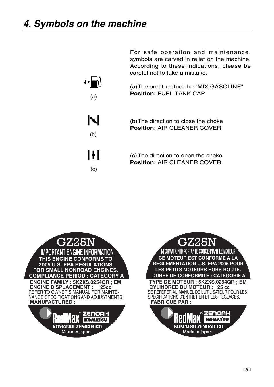 Symbols on the machine, Important engine information, Information importante concernant le moteur | RedMax BCZ2600SU User Manual | Page 5 / 40