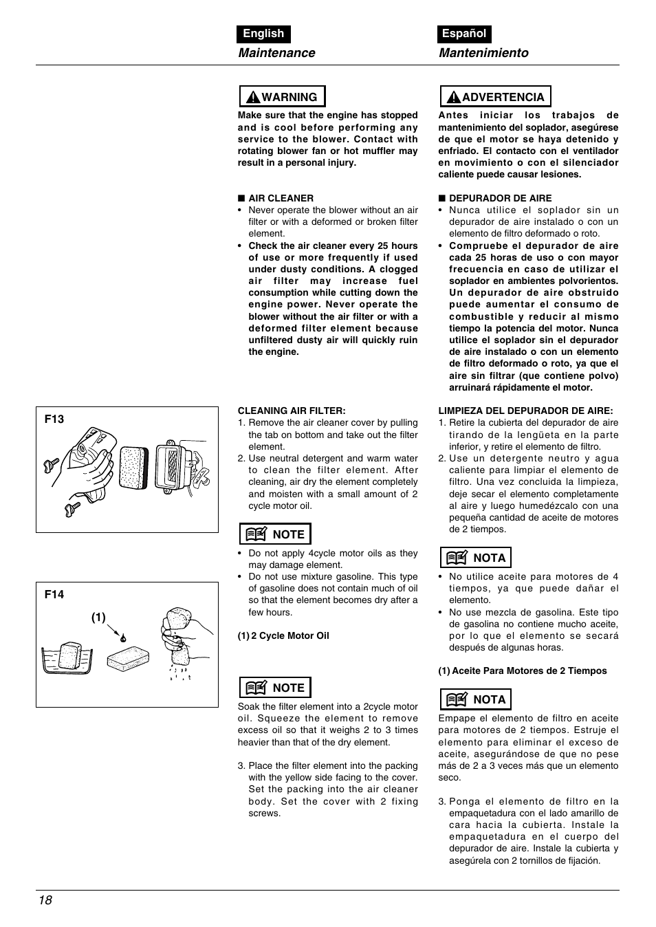 Maintenance, Mantenimiento | RedMax EBZ5000RH User Manual | Page 18 / 36