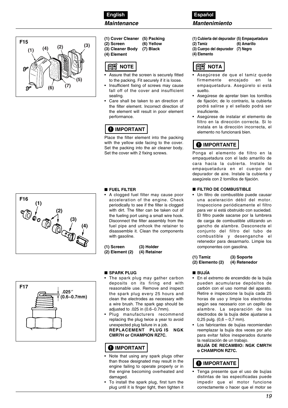 Maintenance, Mantenimiento | RedMax EBZ5000RH User Manual | Page 19 / 36