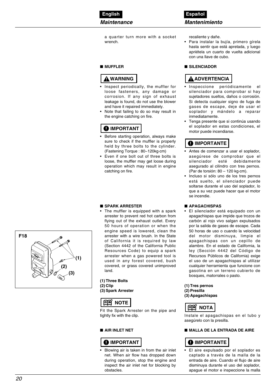 Maintenance, Mantenimiento | RedMax EBZ5000RH User Manual | Page 20 / 36