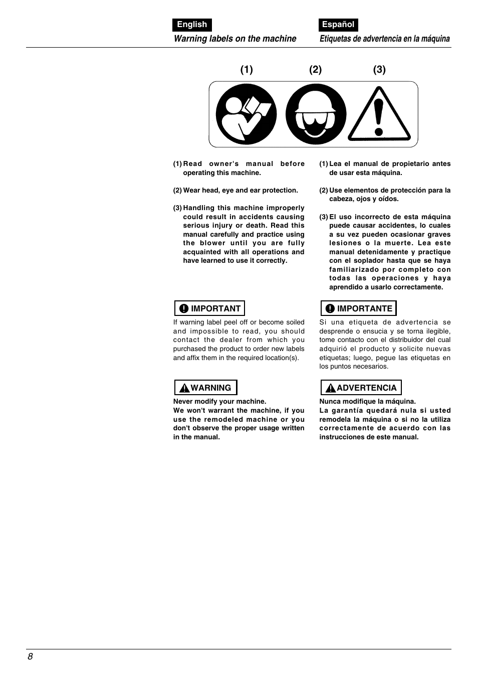 Warning labels on the machine, Etiquetas de advertencia en la máquina | RedMax EBZ5000RH User Manual | Page 8 / 36