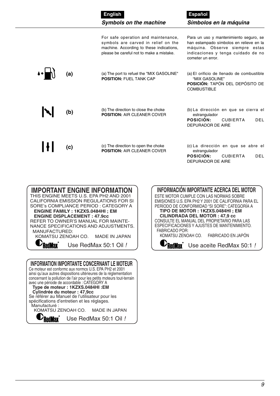 Important engine information, Información importante acerca del motor, Information importante concernant le moteur | RedMax EBZ5000RH User Manual | Page 9 / 36