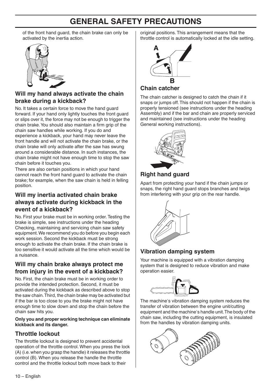 Throttle lockout, Chain catcher, Right hand guard | Vibration damping system, General safety precautions | RedMax GZ7000 User Manual | Page 10 / 152