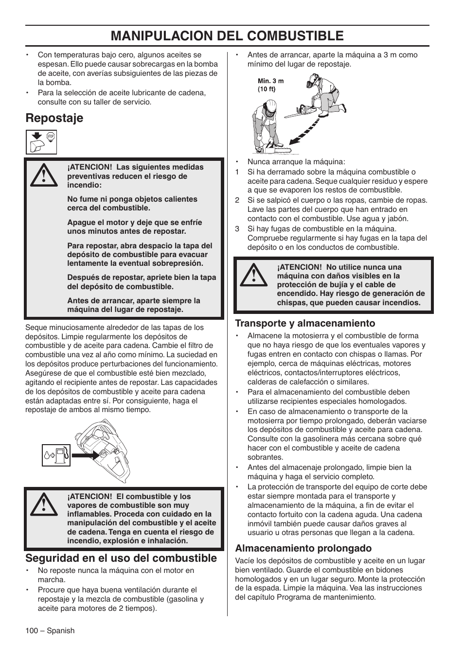 Repostaje, Seguridad en el uso del combustible, Transporte y almacenamiento | Almacenamiento prolongado, Manipulacion del combustible | RedMax GZ7000 User Manual | Page 100 / 152
