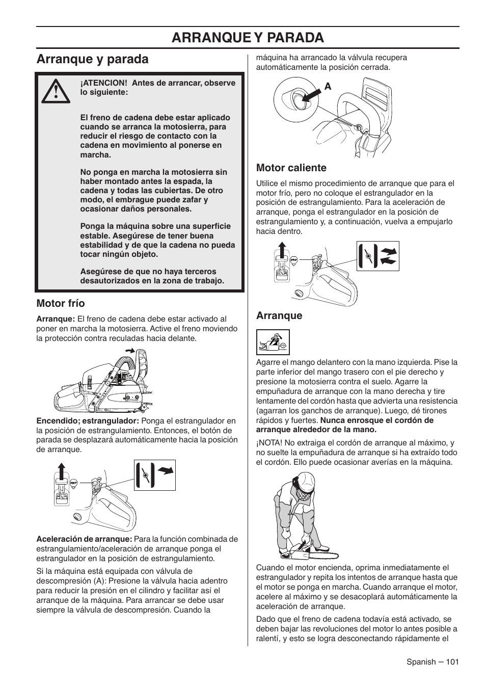 Arranque y parada, Motor frío, Motor caliente | Arranque | RedMax GZ7000 User Manual | Page 101 / 152