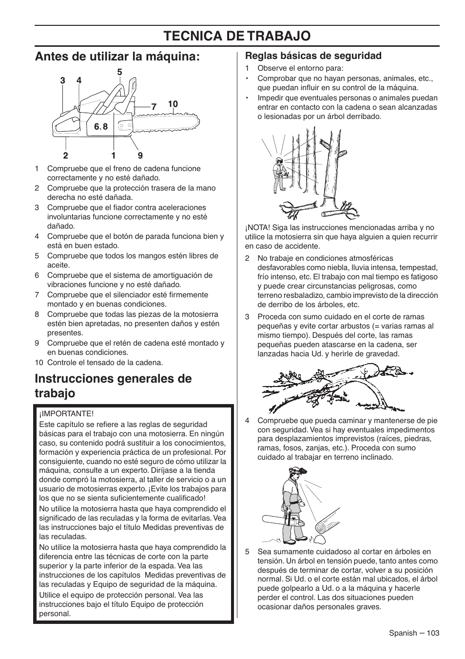 Antes de utilizar la máquina, Instrucciones generales de trabajo, Reglas básicas de seguridad | Tecnica de trabajo | RedMax GZ7000 User Manual | Page 103 / 152