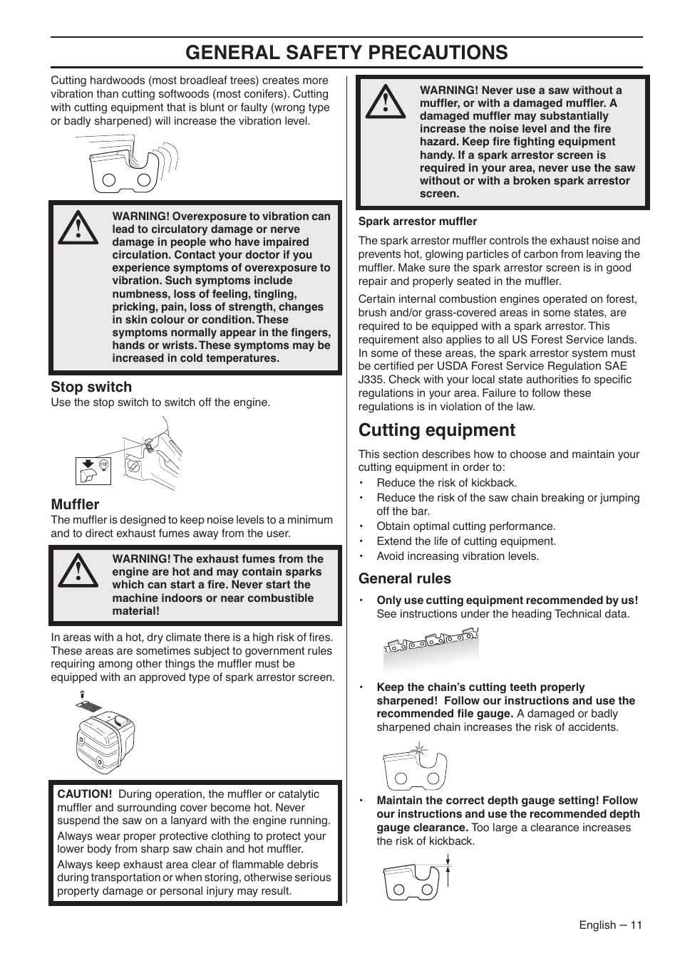 Stop switch, Muffler, Cutting equipment | General rules, General safety precautions | RedMax GZ7000 User Manual | Page 11 / 152