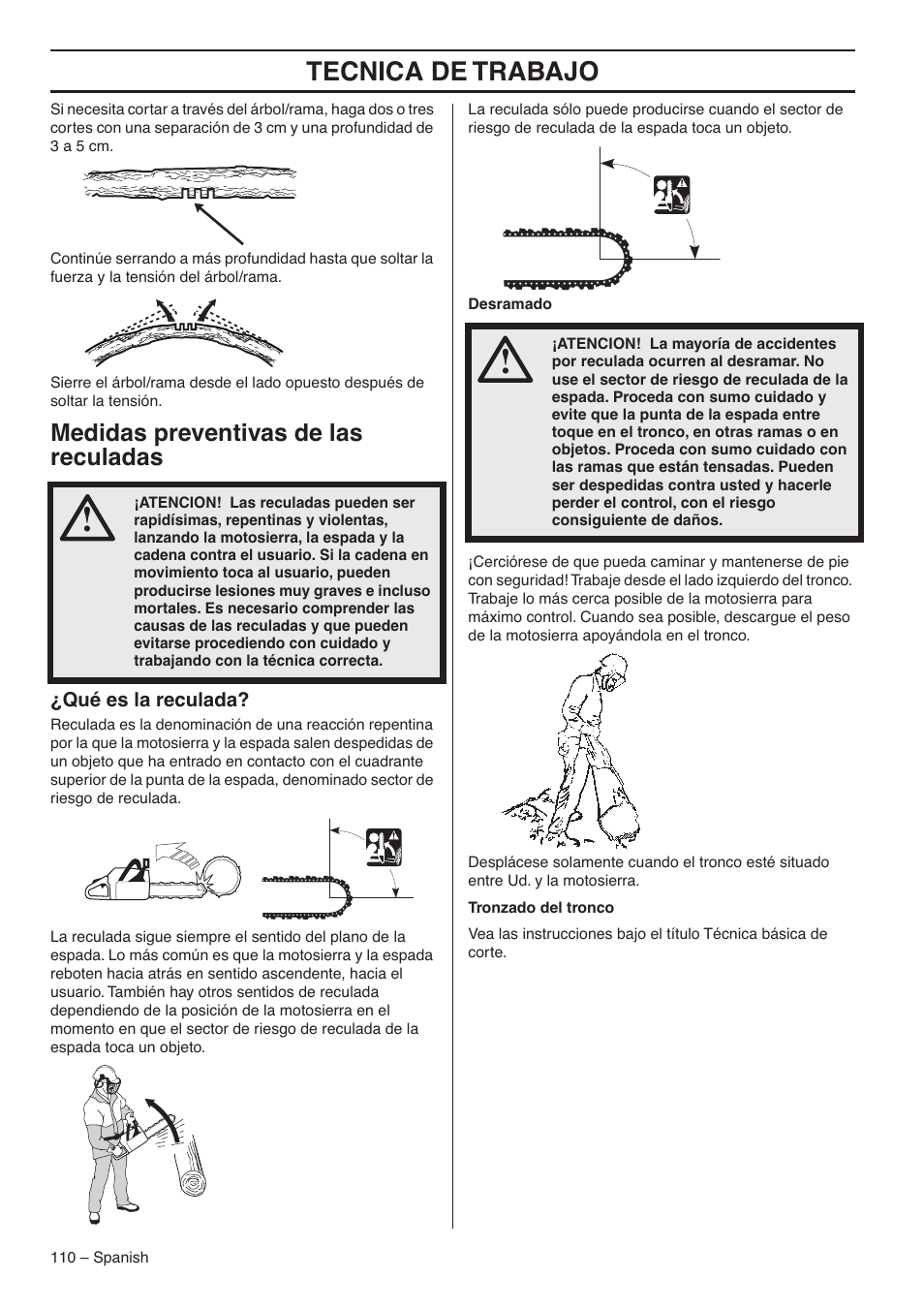 Medidas preventivas de las reculadas, Qué es la reculada, Tecnica de trabajo | RedMax GZ7000 User Manual | Page 110 / 152