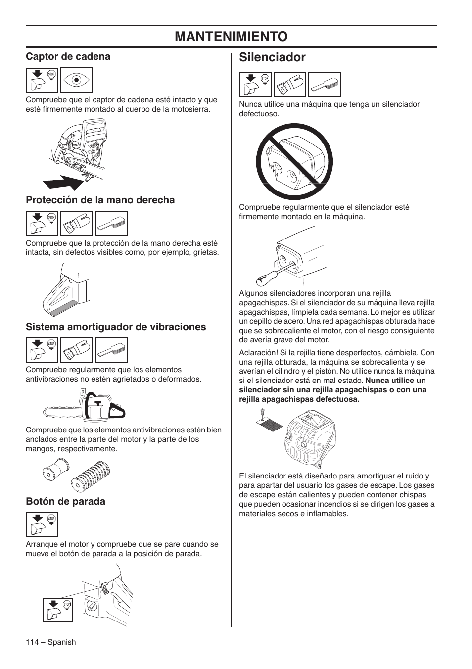 Captor de cadena, Protección de la mano derecha, Sistema amortiguador de vibraciones | Botón de parada, Silenciador, Mantenimiento | RedMax GZ7000 User Manual | Page 114 / 152