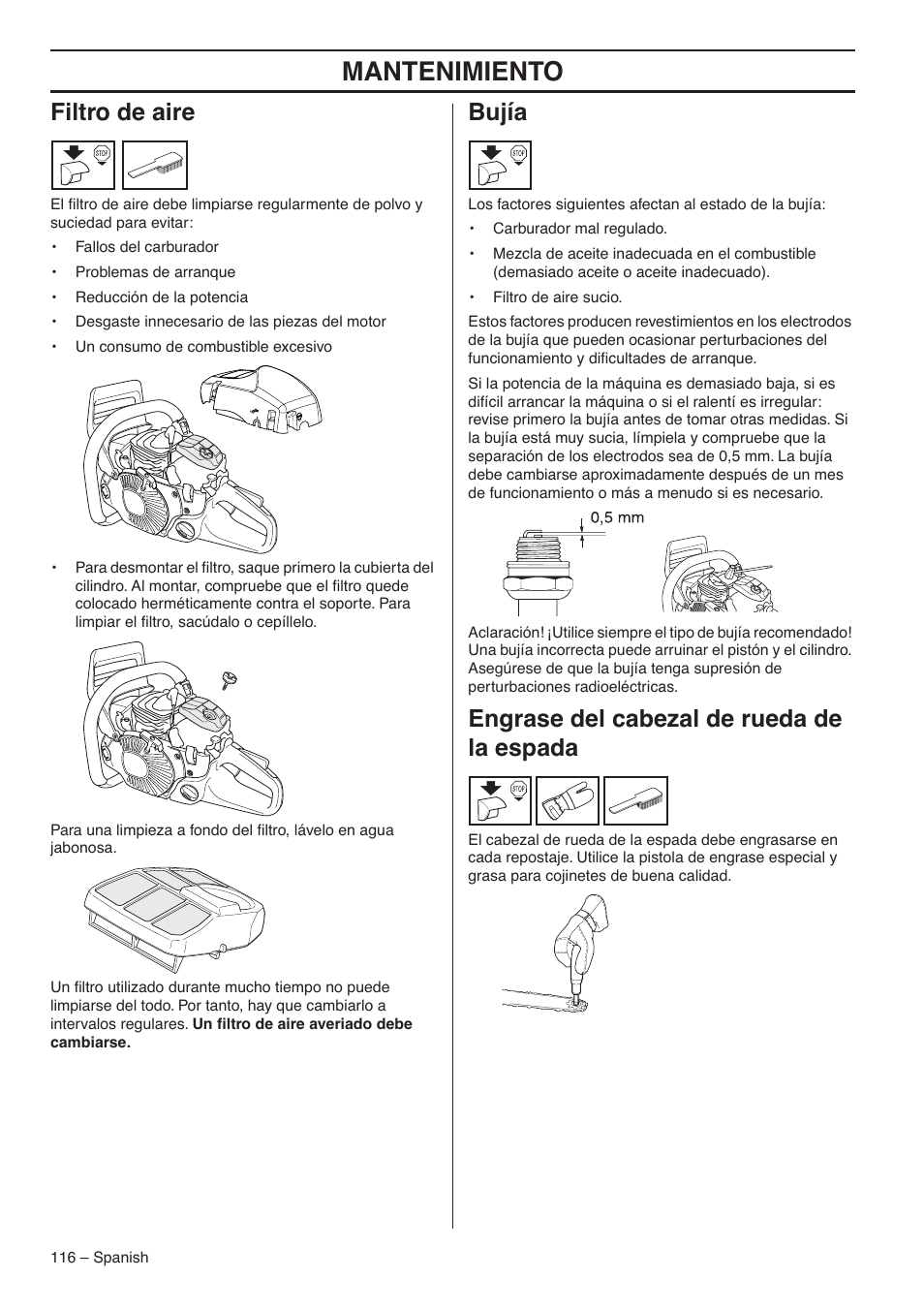 Filtro de aire, Bujía, Engrase del cabezal de rueda de la espada | Mantenimiento | RedMax GZ7000 User Manual | Page 116 / 152