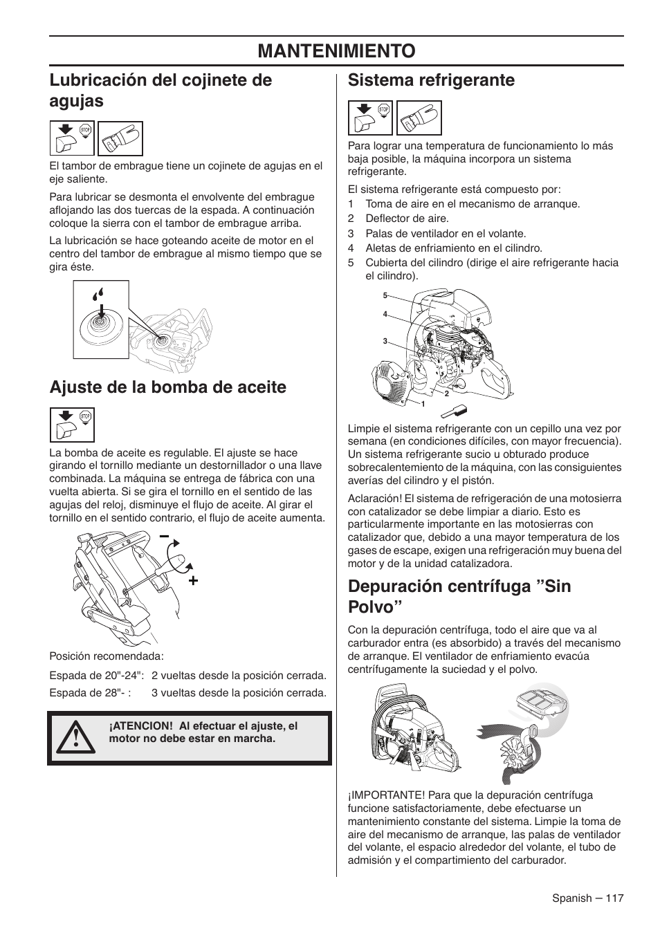 Lubricación del cojinete de agujas, Ajuste de la bomba de aceite, Sistema refrigerante | Depuración centrífuga ”sin polvo, Mantenimiento | RedMax GZ7000 User Manual | Page 117 / 152