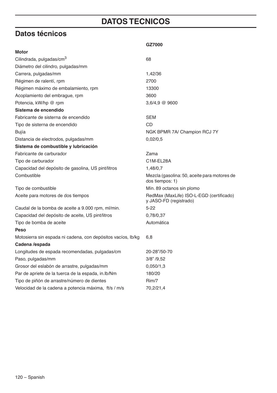 Datos técnicos, Datos tecnicos | RedMax GZ7000 User Manual | Page 120 / 152