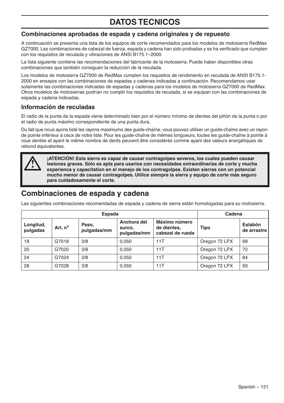 Información de reculadas, Combinaciones de espada y cadena, Datos tecnicos | RedMax GZ7000 User Manual | Page 121 / 152