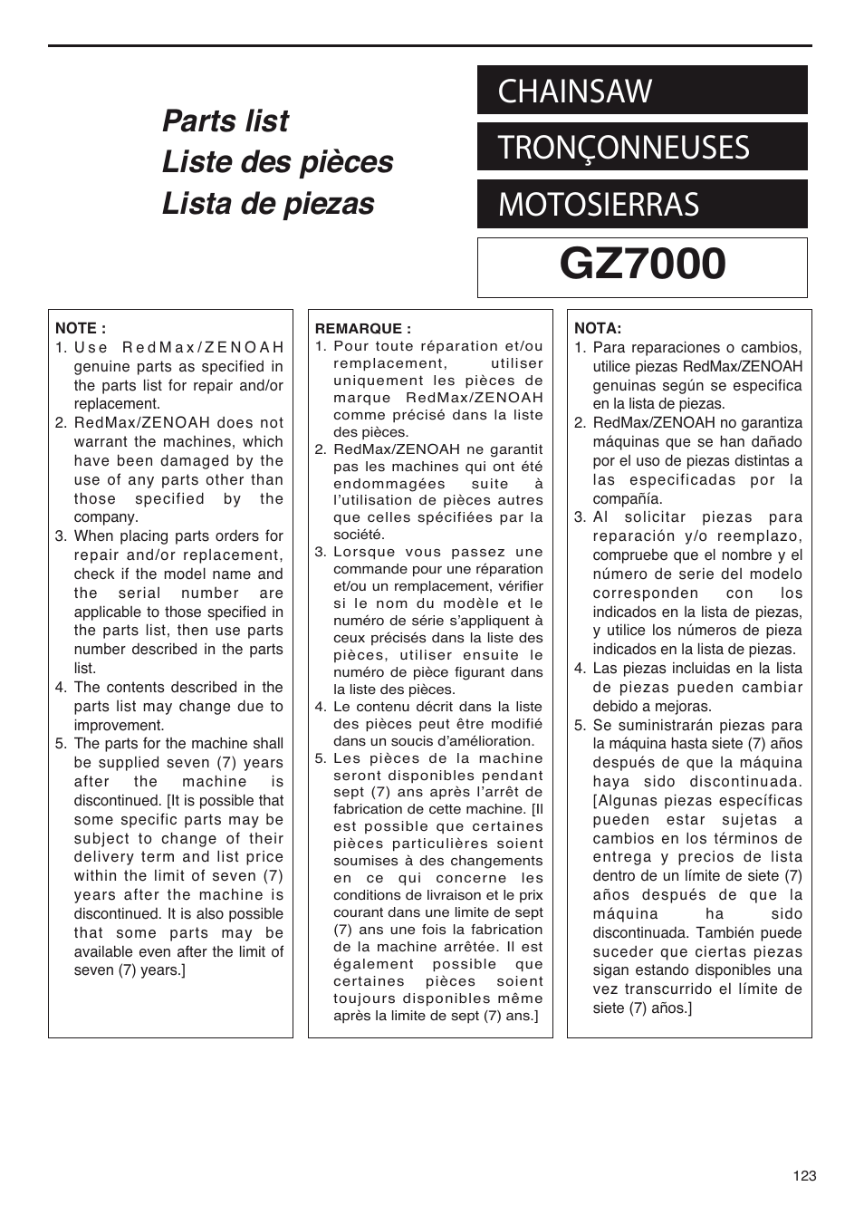 Gz7000, Chainsaw tronçonneuses motosierras | RedMax GZ7000 User Manual | Page 123 / 152
