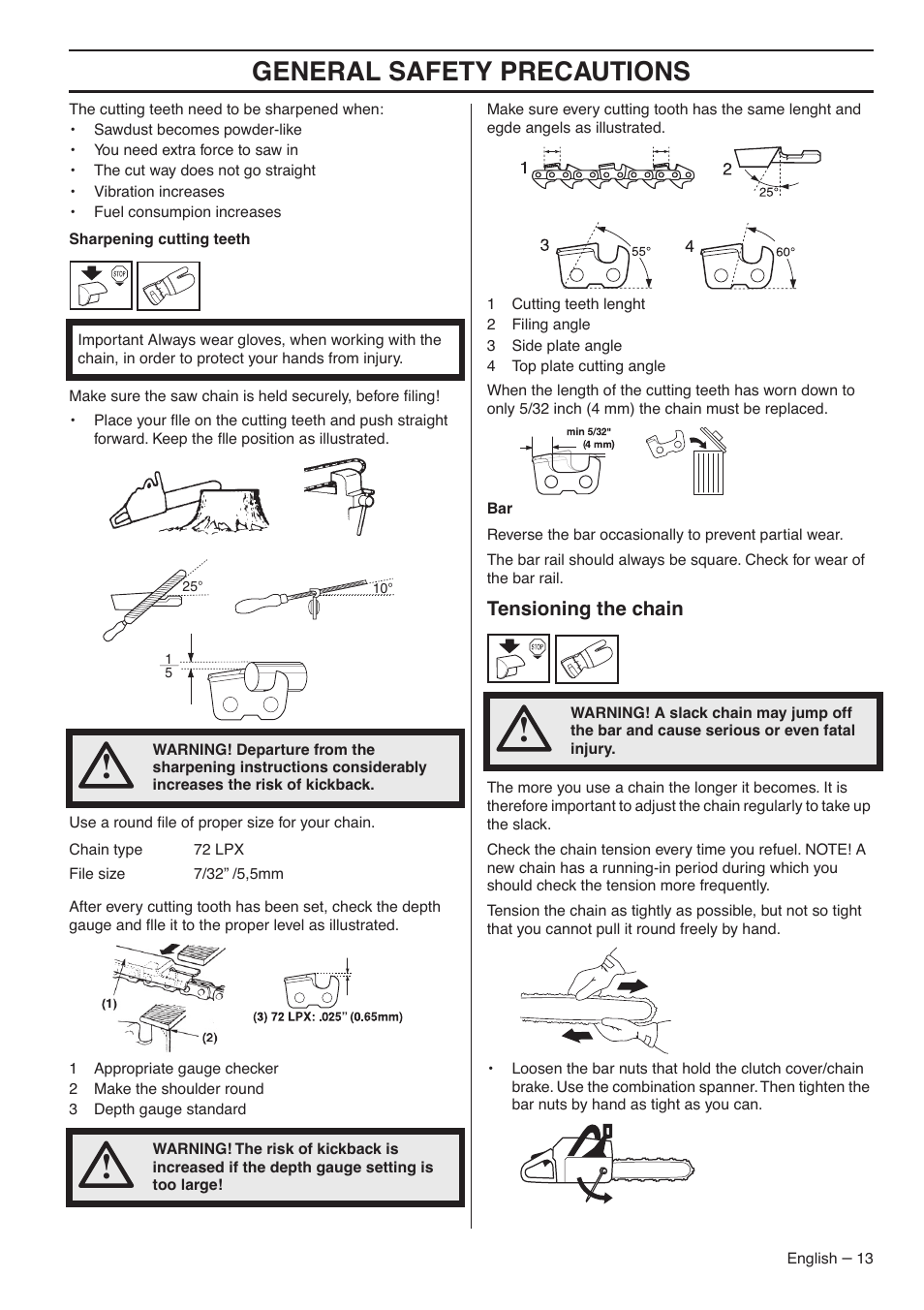 Tensioning the chain, General safety precautions | RedMax GZ7000 User Manual | Page 13 / 152