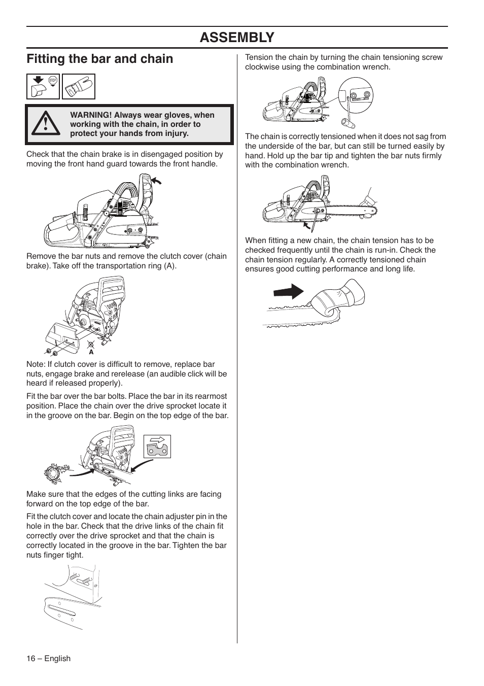 Fitting the bar and chain, Assembly | RedMax GZ7000 User Manual | Page 16 / 152