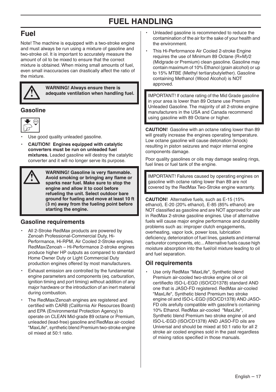 Fuel, Gasoline, Gasoline requirements | Oil requirements, Fuel handling | RedMax GZ7000 User Manual | Page 17 / 152