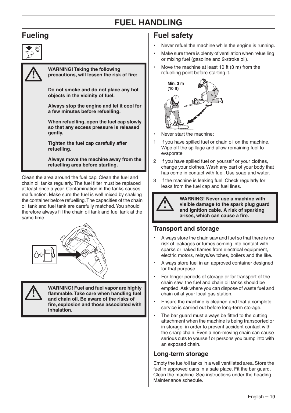 Fueling, Fuel safety, Transport and storage | Long-term storage, Fuel handling | RedMax GZ7000 User Manual | Page 19 / 152