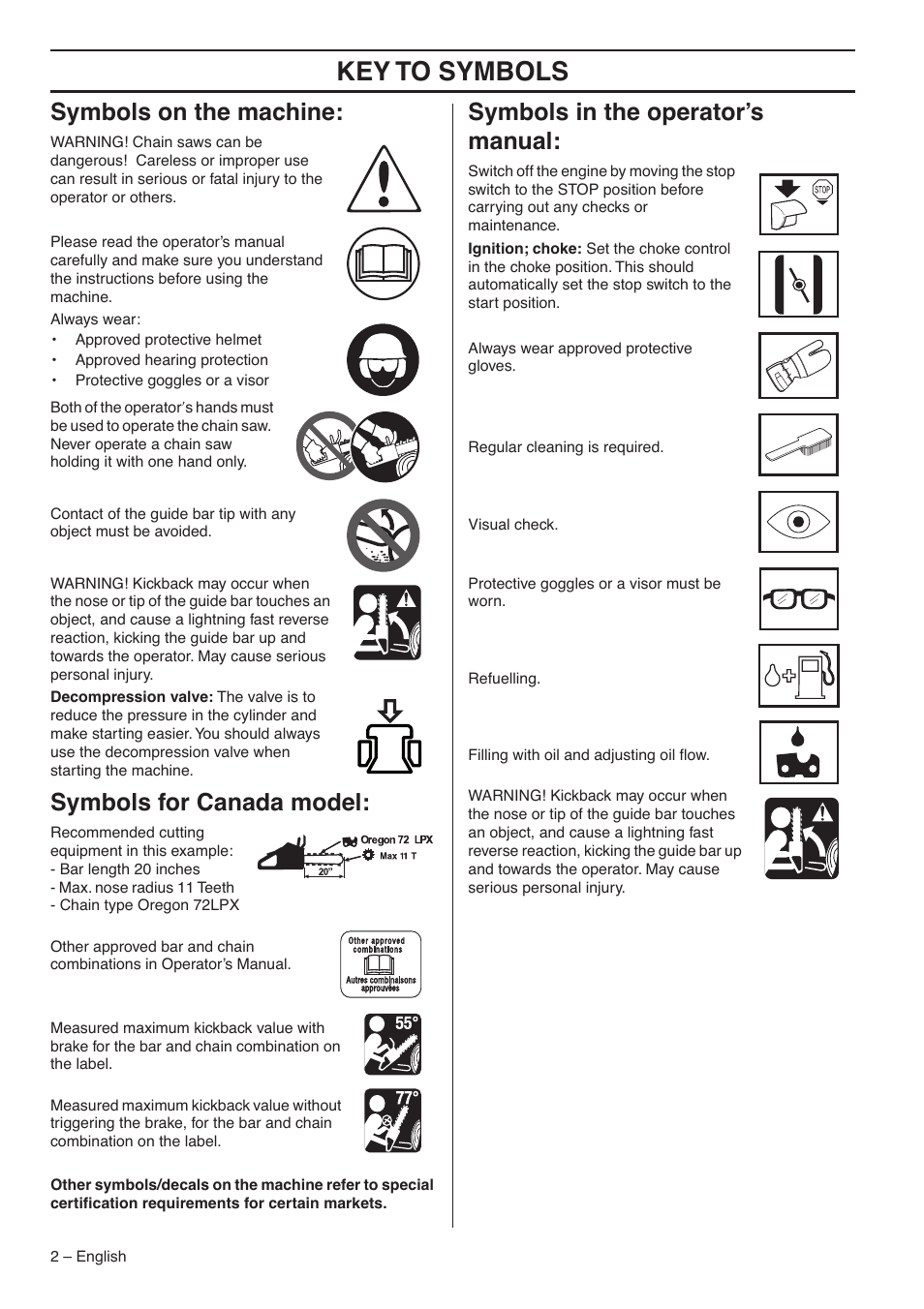 Symbols on the machine, Symbols for canada model, Symbols in the operator’s manual | Key t o symbols, Symbols on the mac hine, Symbols f or canada model, Symbols in the operator’ s manual | RedMax GZ7000 User Manual | Page 2 / 152