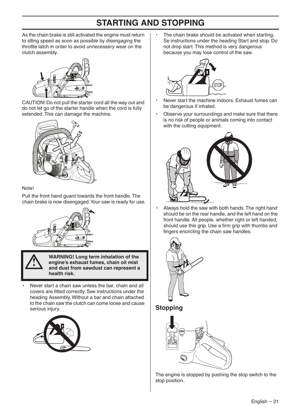 Stopping, Starting and stopping | RedMax GZ7000 User Manual | Page 21 / 152