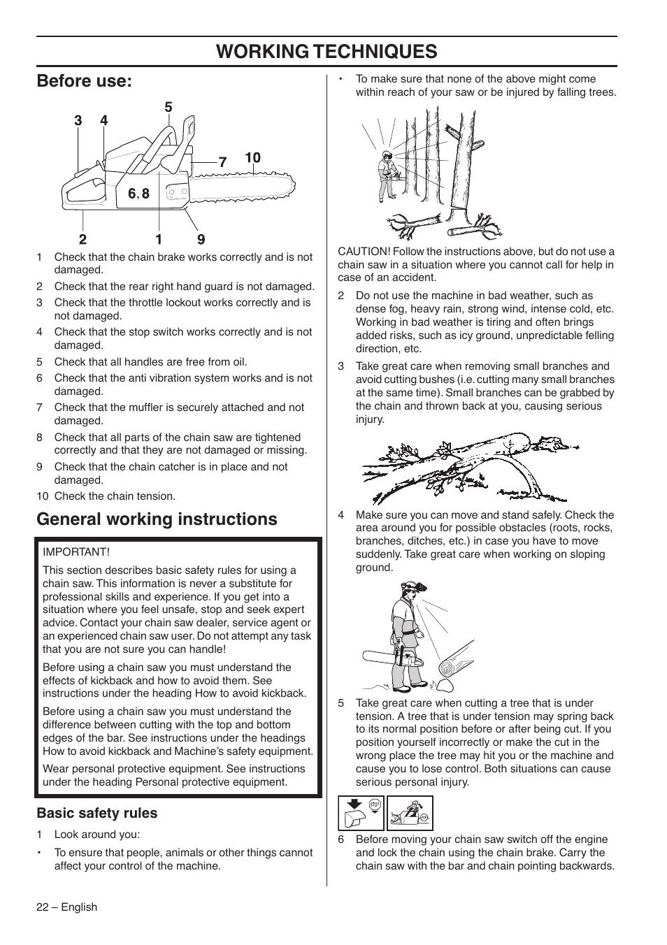 Before use, General working instructions, Basic safety rules | Working techniques | RedMax GZ7000 User Manual | Page 22 / 152