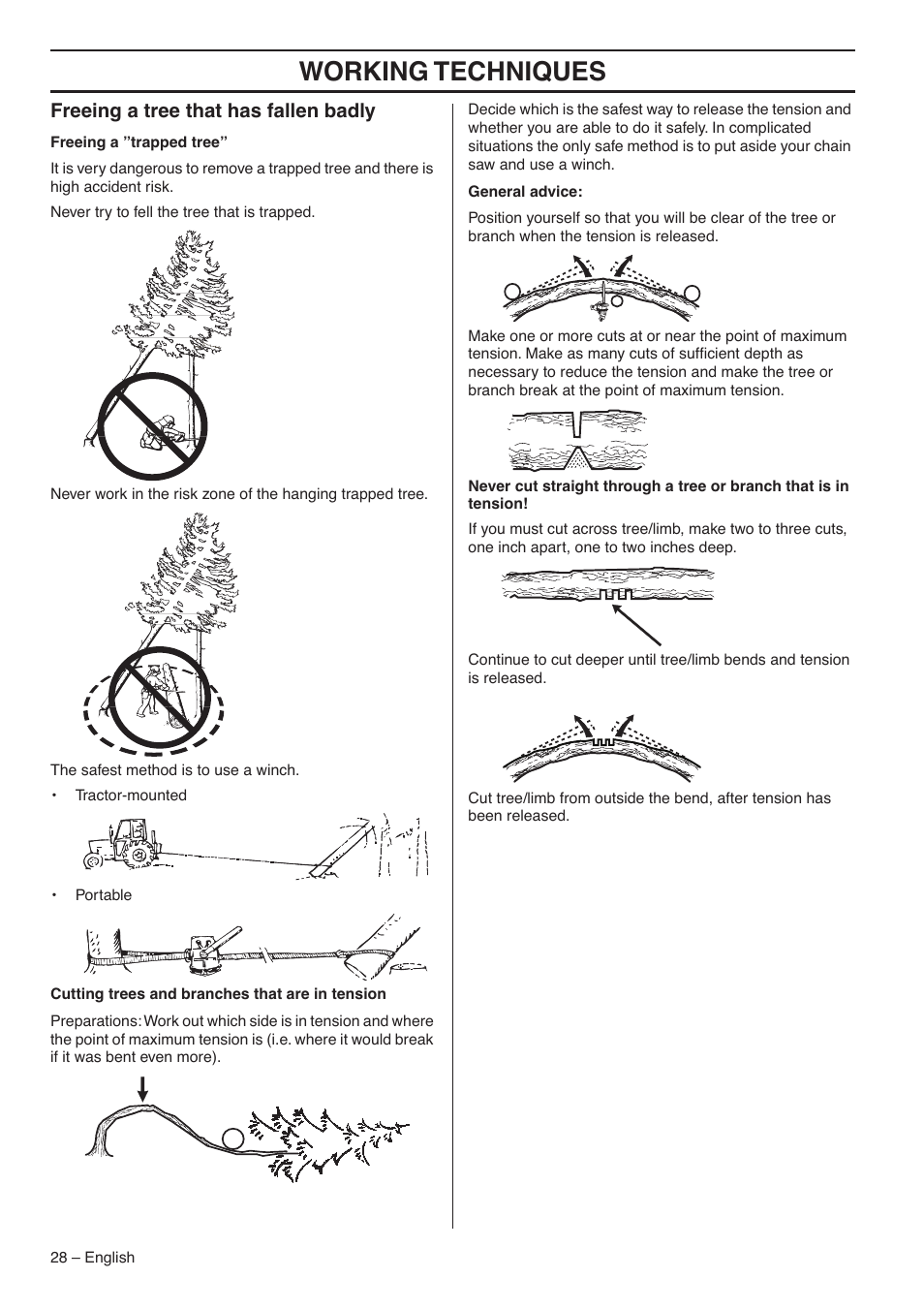 Freeing a tree that has fallen badly, Working techniques | RedMax GZ7000 User Manual | Page 28 / 152
