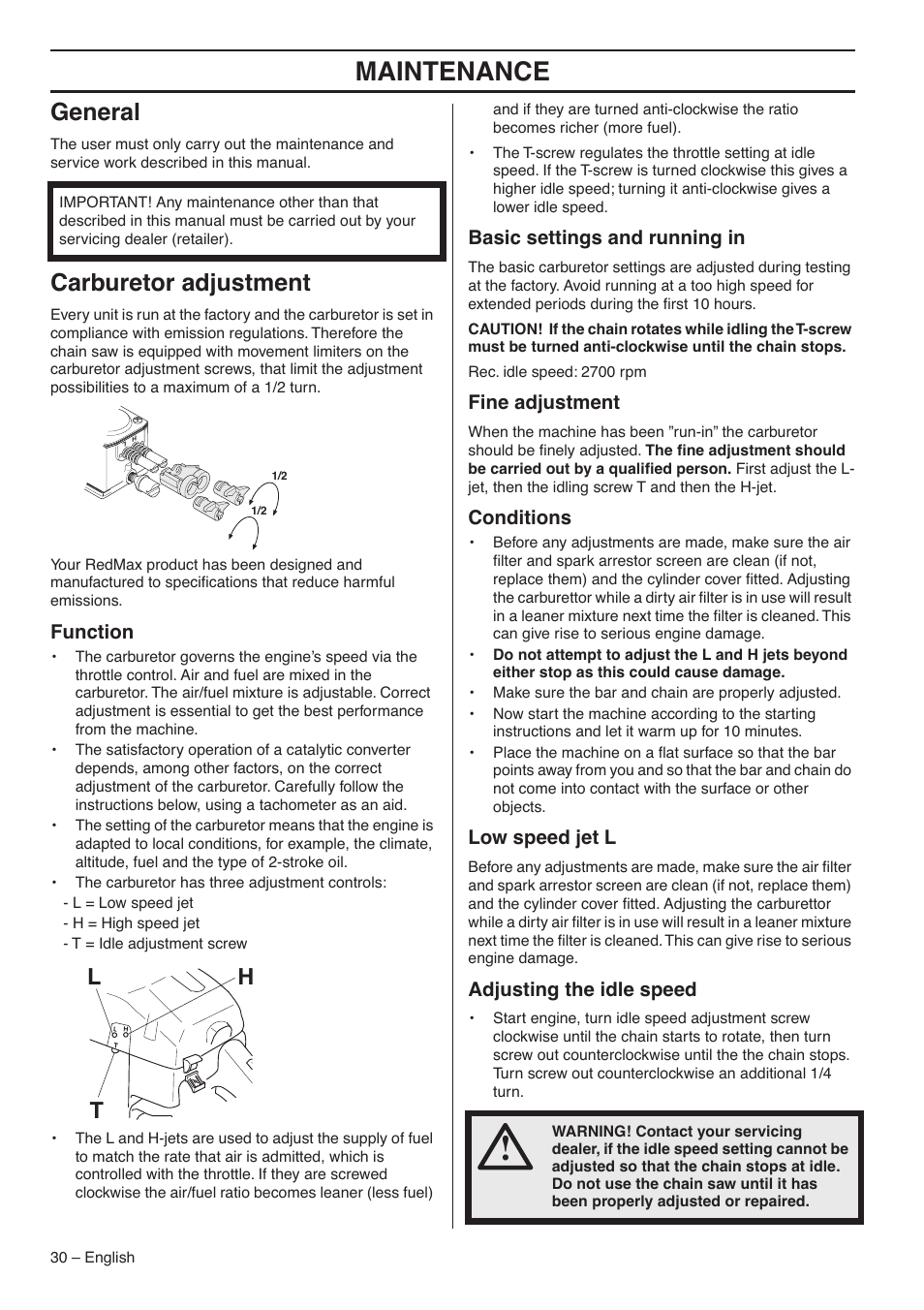 General, Carburetor adjustment, Function | Basic settings and running in, Fine adjustment, Conditions, Low speed jet l, Adjusting the idle speed, Maintenance, Lh t | RedMax GZ7000 User Manual | Page 30 / 152